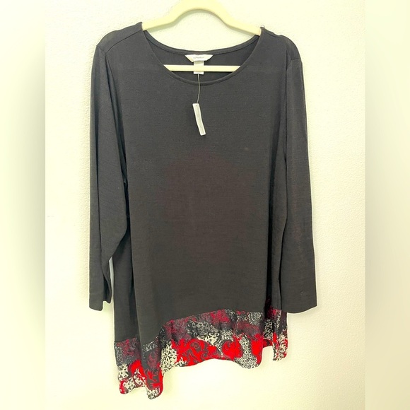 CJ Banks Tops - Cj Banks long sleeve Black red and lace trim top Size 2X 20/22 W